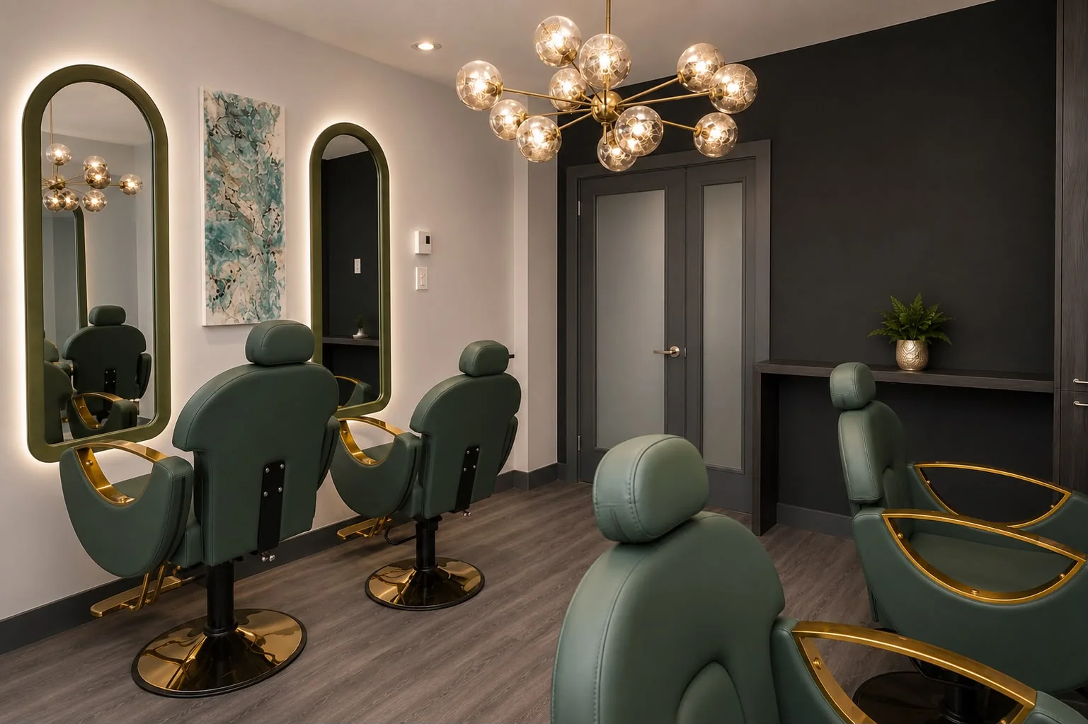 Salon de coiffure vert sauge et laiton, lustre à globes dorés