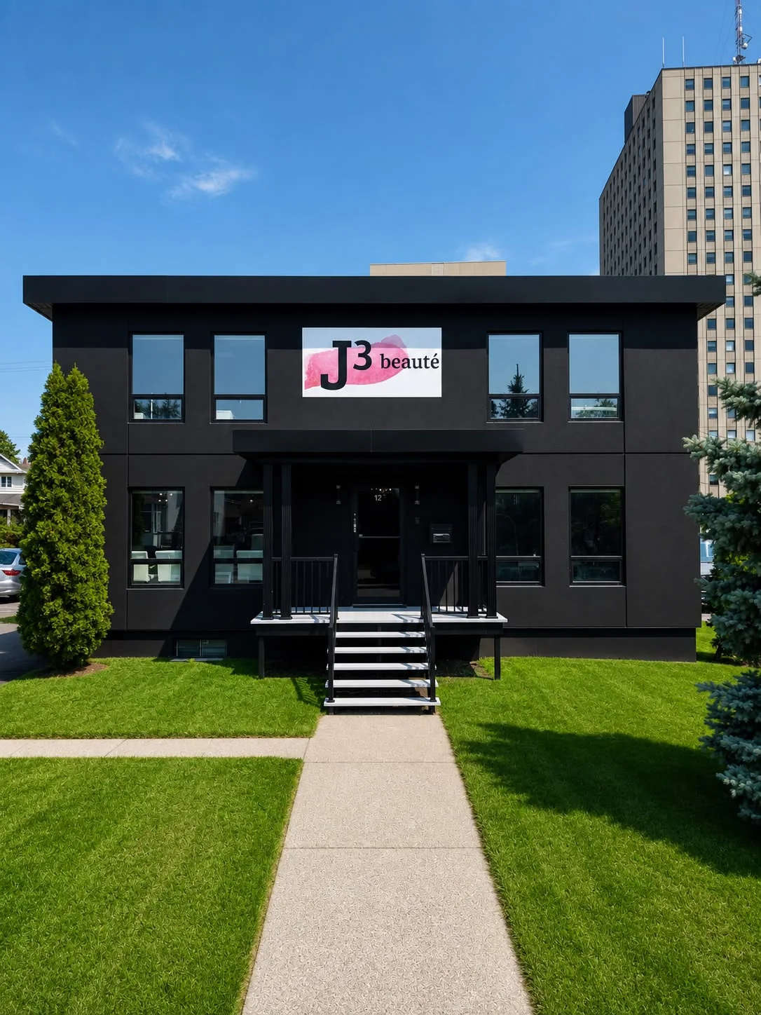 Façade noire de l'institut J3 beauté avec son enseigne, 12 rue Bériault à Gatineau
