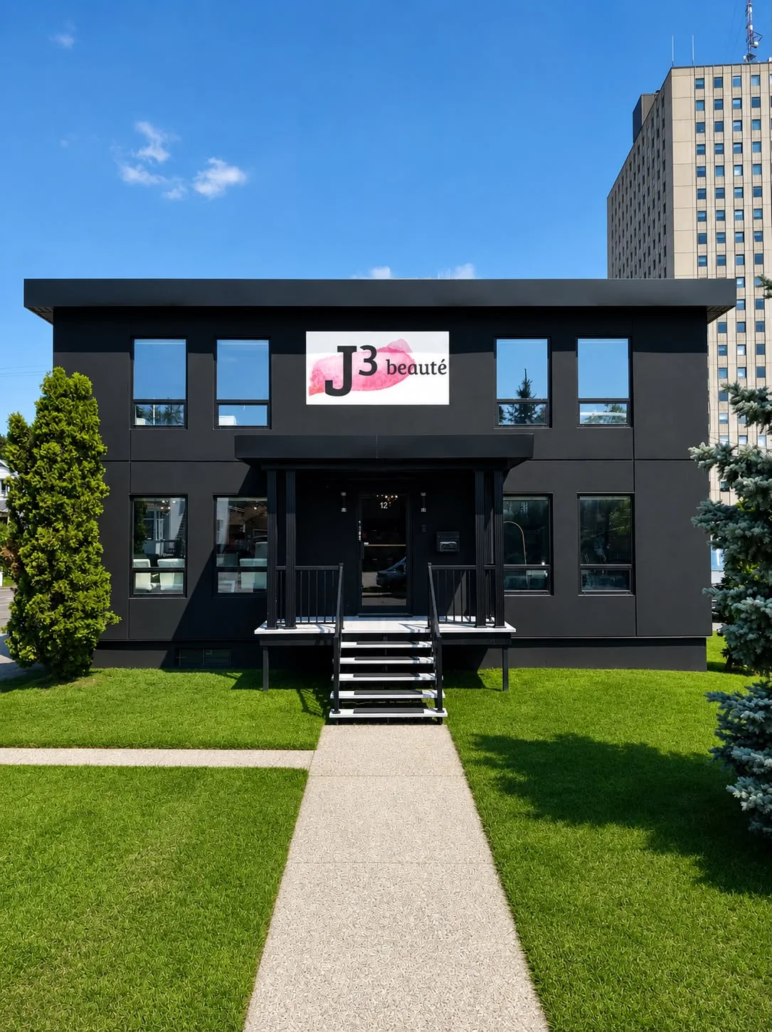 Main entrance of J3 beauté and its steps, seen from the front