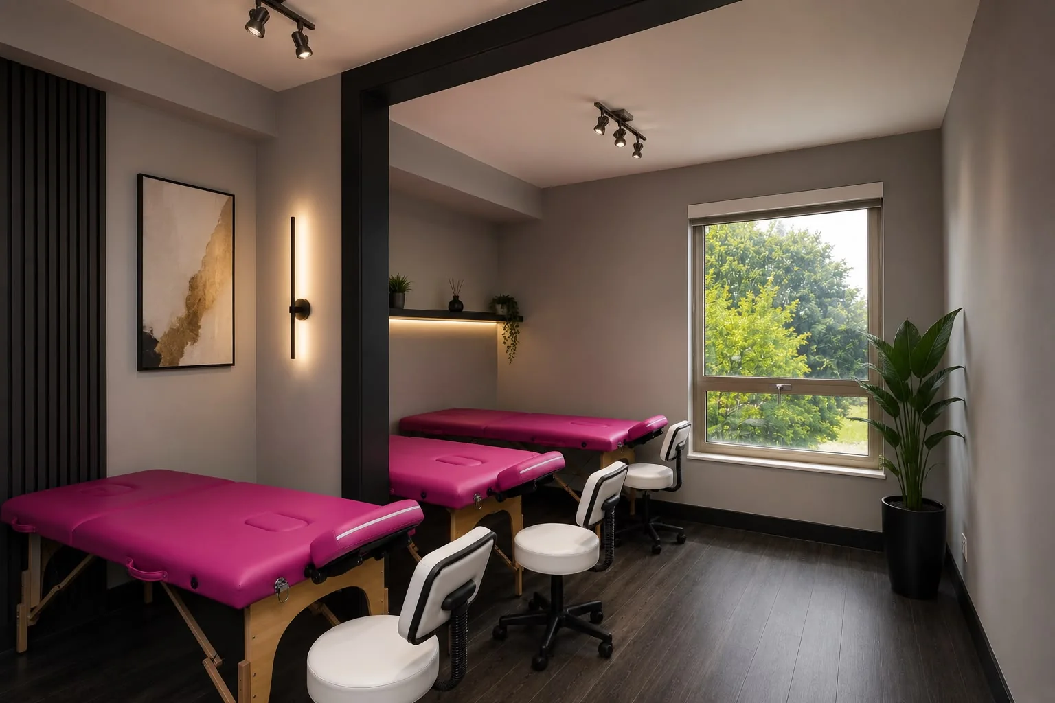 Salle de formation équipée de tables de massage roses et tabourets professionnels