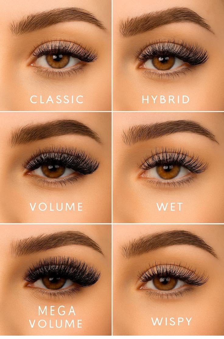 Lash extension styles: classic, hybrid, volume, wet, mega volume, wispy