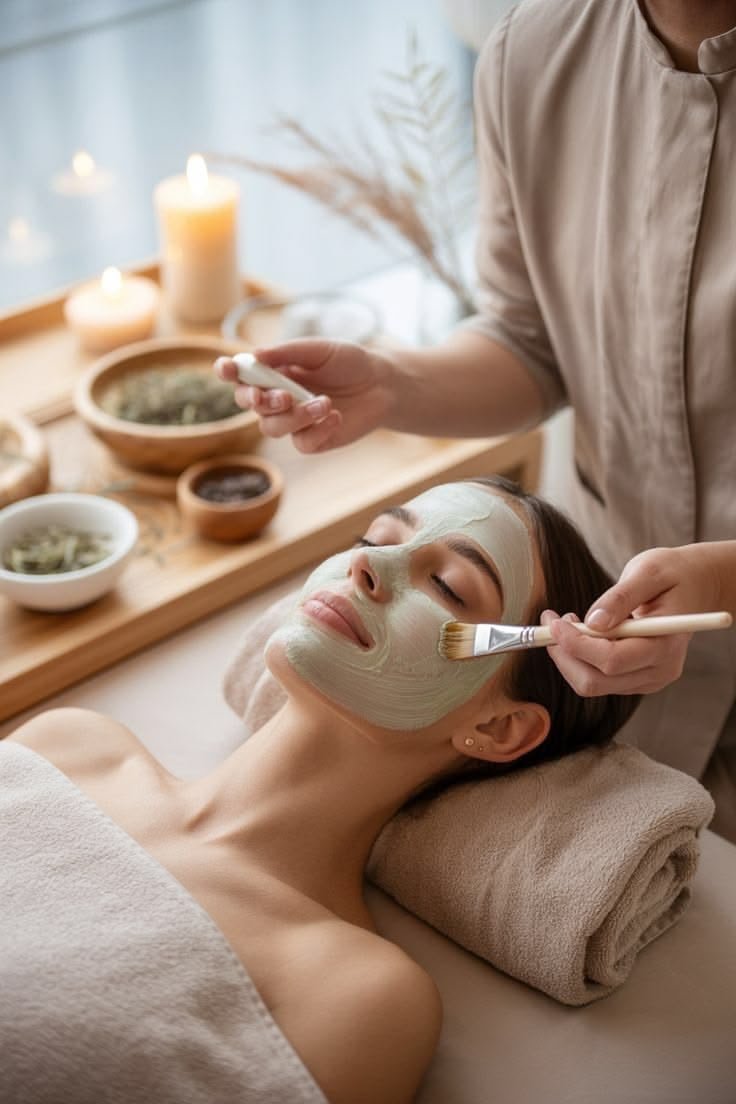 Clay mask applied with a brush, spa setting